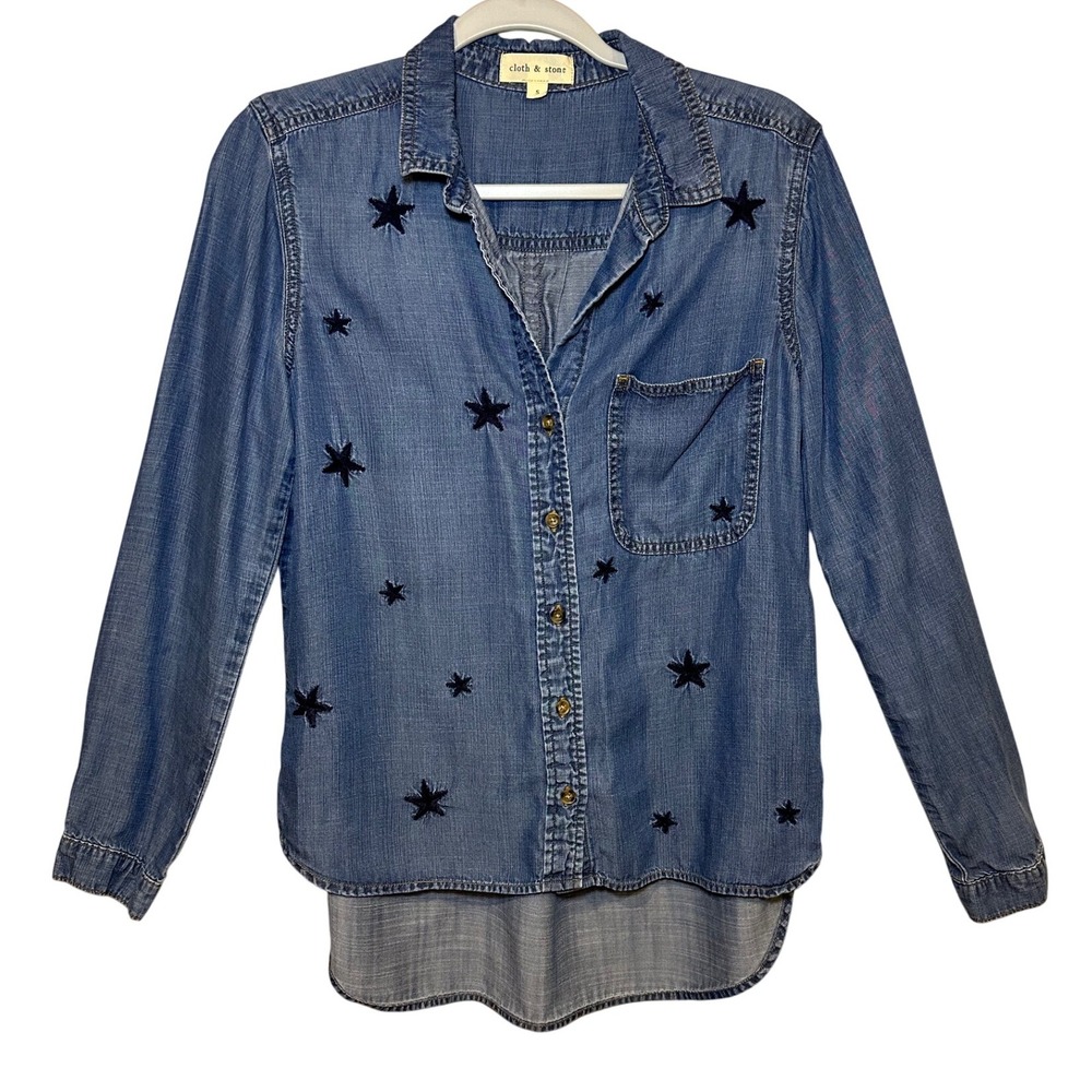 Cloth & Stone Womens Small Denim Shirt‎ Blue Star Embroidered Long Sleeve